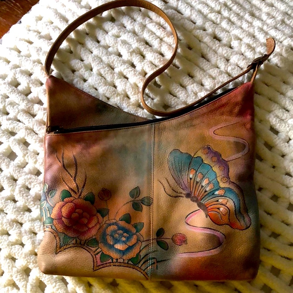 Anuschka leather asymmetrical, hand painted leather bag.Butterflies,floral. EUC